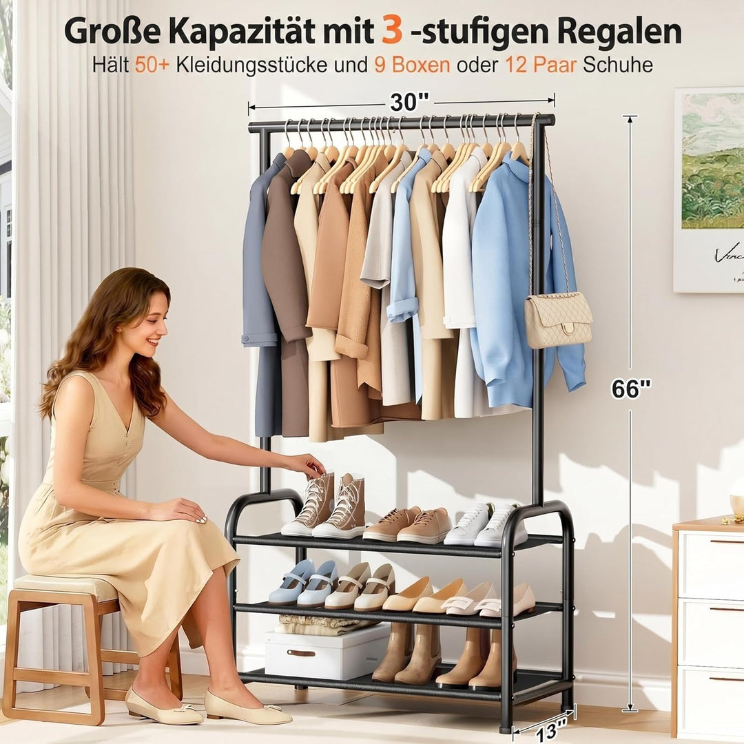 MISSLO 76CM Stabil Kleiderständer – freistehende Klein Kleiderstange mit 3-stufiger Schuhorgansation