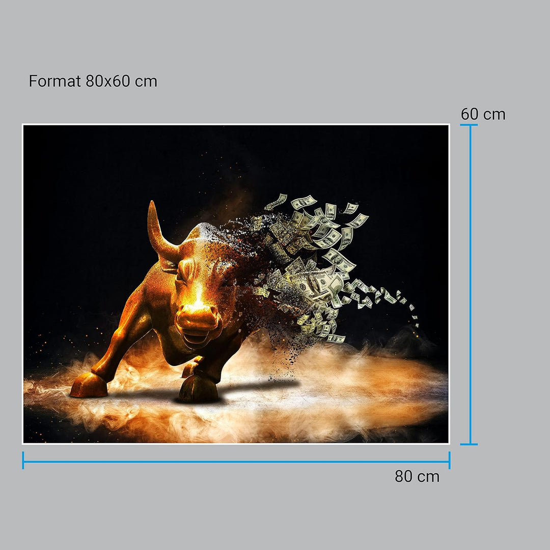 wandmotiv24 Poster als Wanddeko, Grösse 80x60cm, Goldener Stier, Dollar, Geldscheine, Geld, Tier, Mo