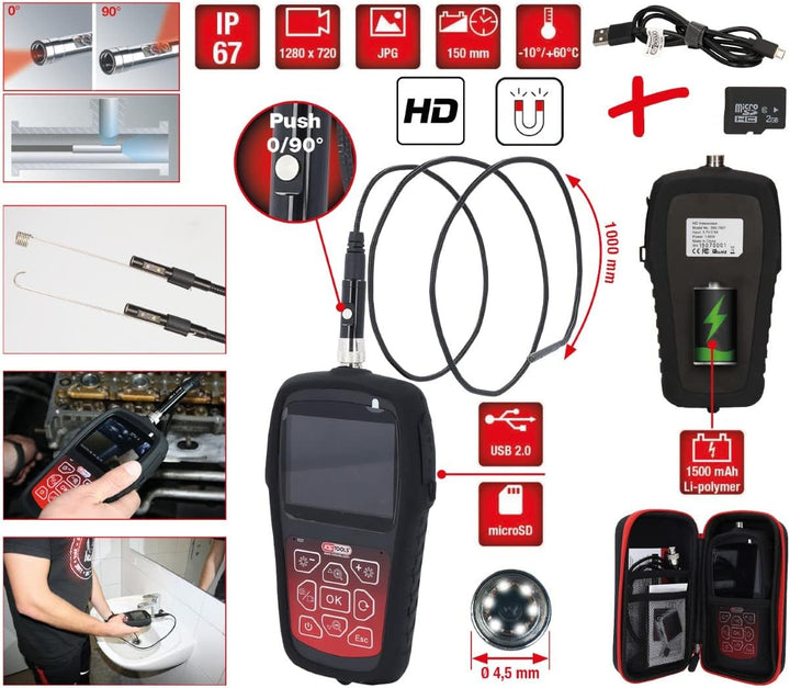 KS Tools 550.7530 HD-Videoskop-Satz mit Ø 4,5 mm 0° und 90° HD Frontkamera-Sonde, umschaltbar, 7-tlg
