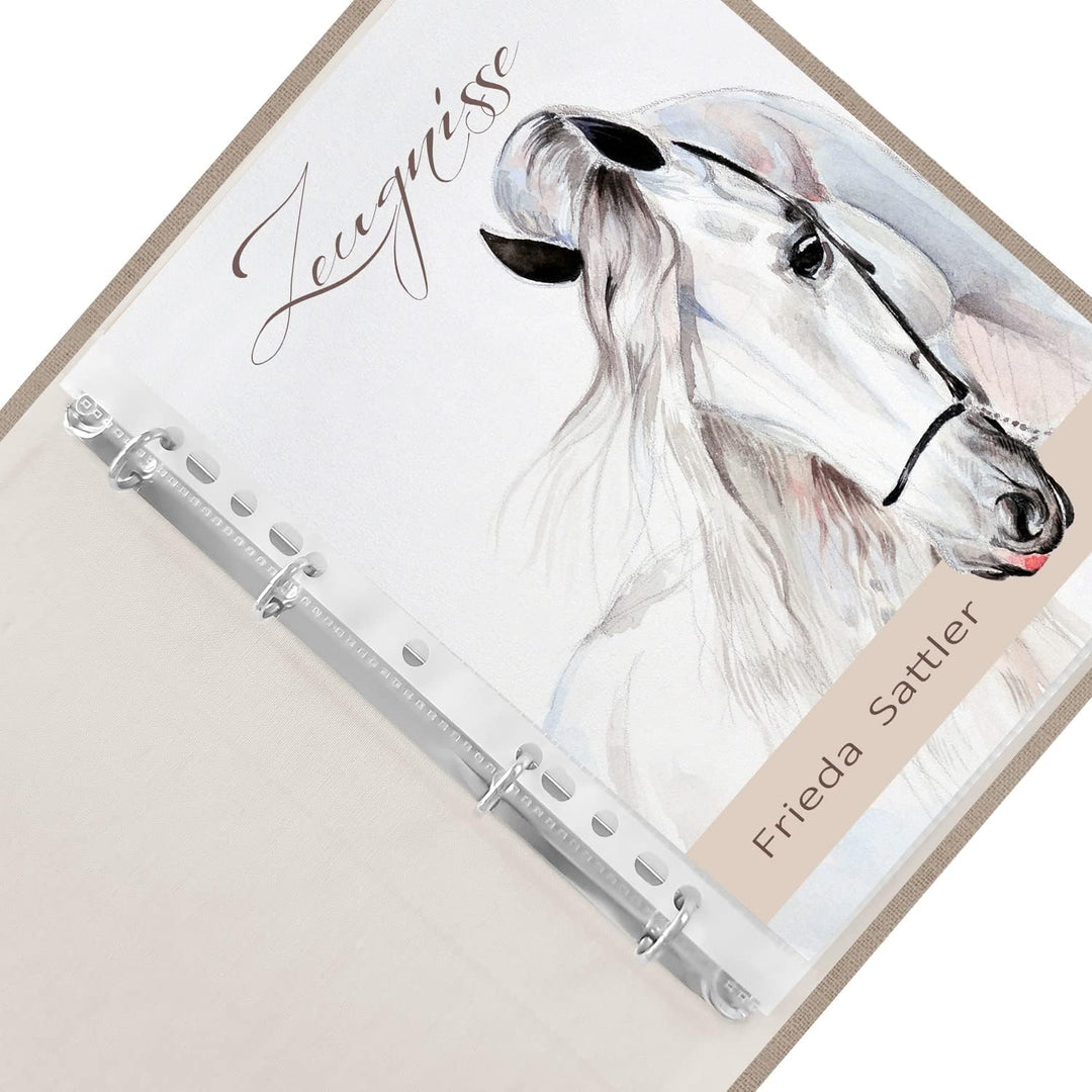 Zeugnismappe personalisiert White Horse A4 ca. 31x24 cm beige Zeugnisbuch Pferd Urkundenmappe Einsch