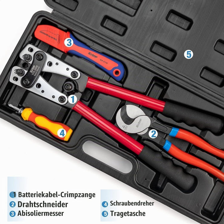 iCrimp Batteriekabelschuh Crimpzange Set, Kabelschuhzange für Robuste Kupferschuhe und Flachstecker,