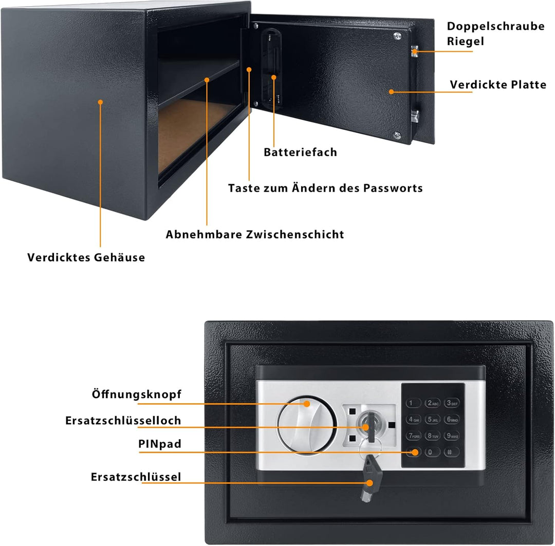 YRHome 34L Mini Tresor für Zuhause Safe Tresor mit Digitaler Passwort, Batteriebox, 2 Sicherheitssch