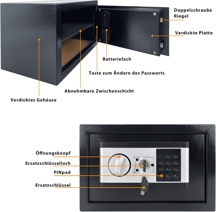 JOIEYOU Safe Tresor, 34L Möbeltresor Doppelbolzenverriegelung, Tresor feuerfest wasserdicht mit Zwei
