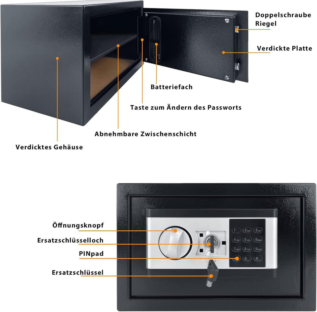 JOIEYOU Safe Tresor, 22L Möbeltresor Doppelbolzenverriegelung, Tresor feuerfest wasserdicht mit Zwei