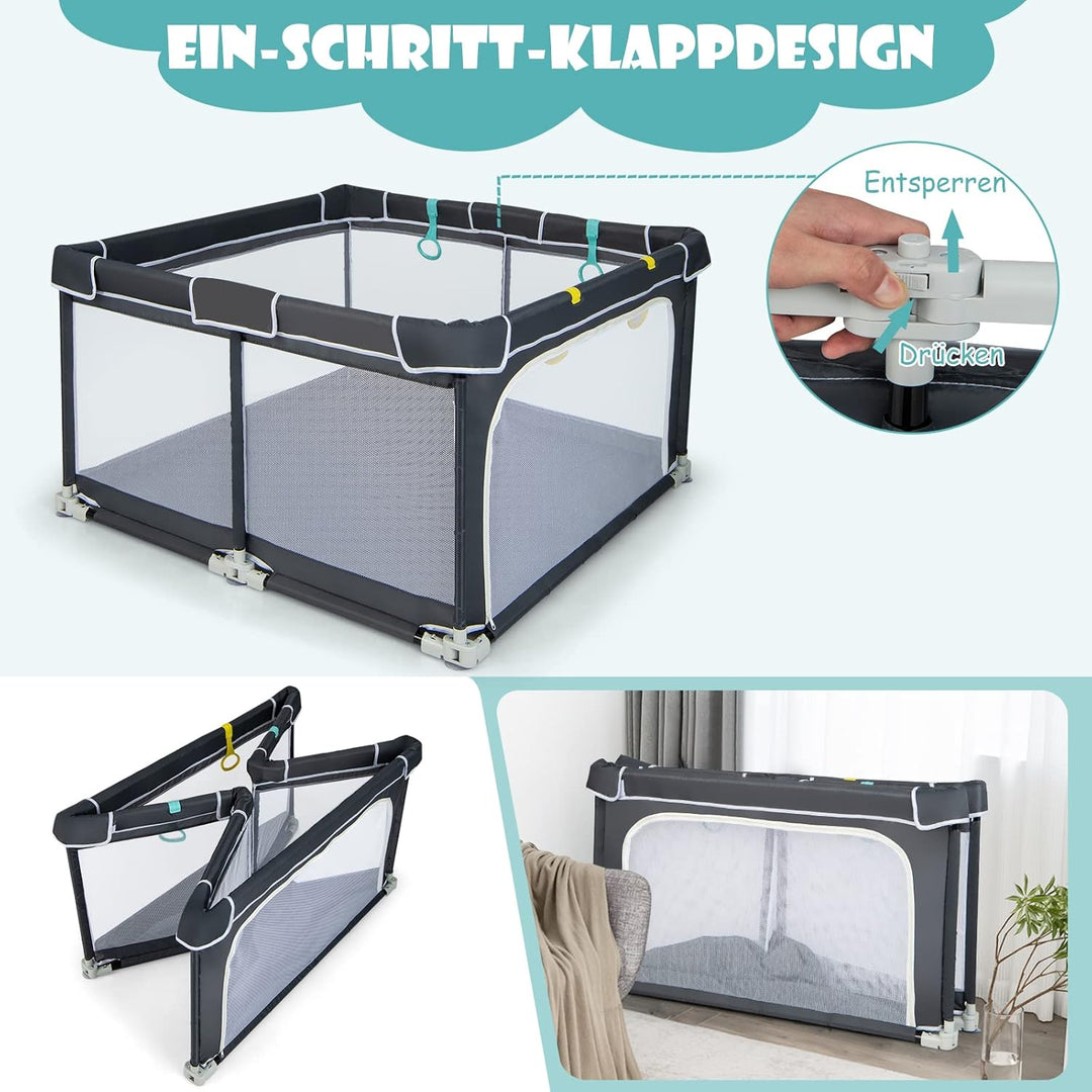 DREAMADE Laufstall Baby, 124 x 124 cm Laufgitter Klappbar mit 50 Spielbällen & 4 Zugringen, Schutzgi