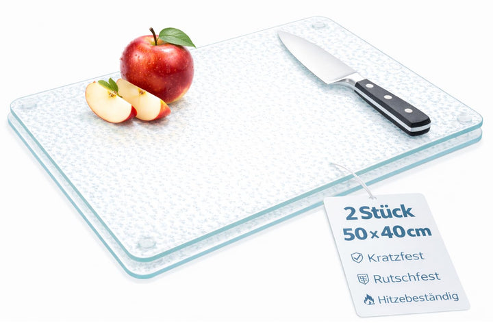 2-er Set Schneidebrett Glas 50x40, Rutschfest mit Füsse, Glasschneidebrett ohne Mikroplastik, hygien