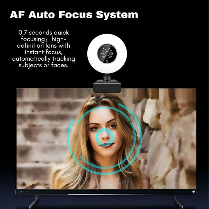Webcam 4K mit Licht für PC USB 30FPS Webkamera mit Mikrofon AF Auto-Fokus, 3 Einstellbare Helligkeit