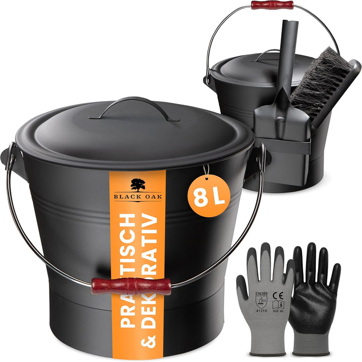 BLACK OAK Ascheeimer LANIN 8L - Asche-Eimer schwarz mit Deckel & Holz-Griff DUNKEL + Feger + Schaufe