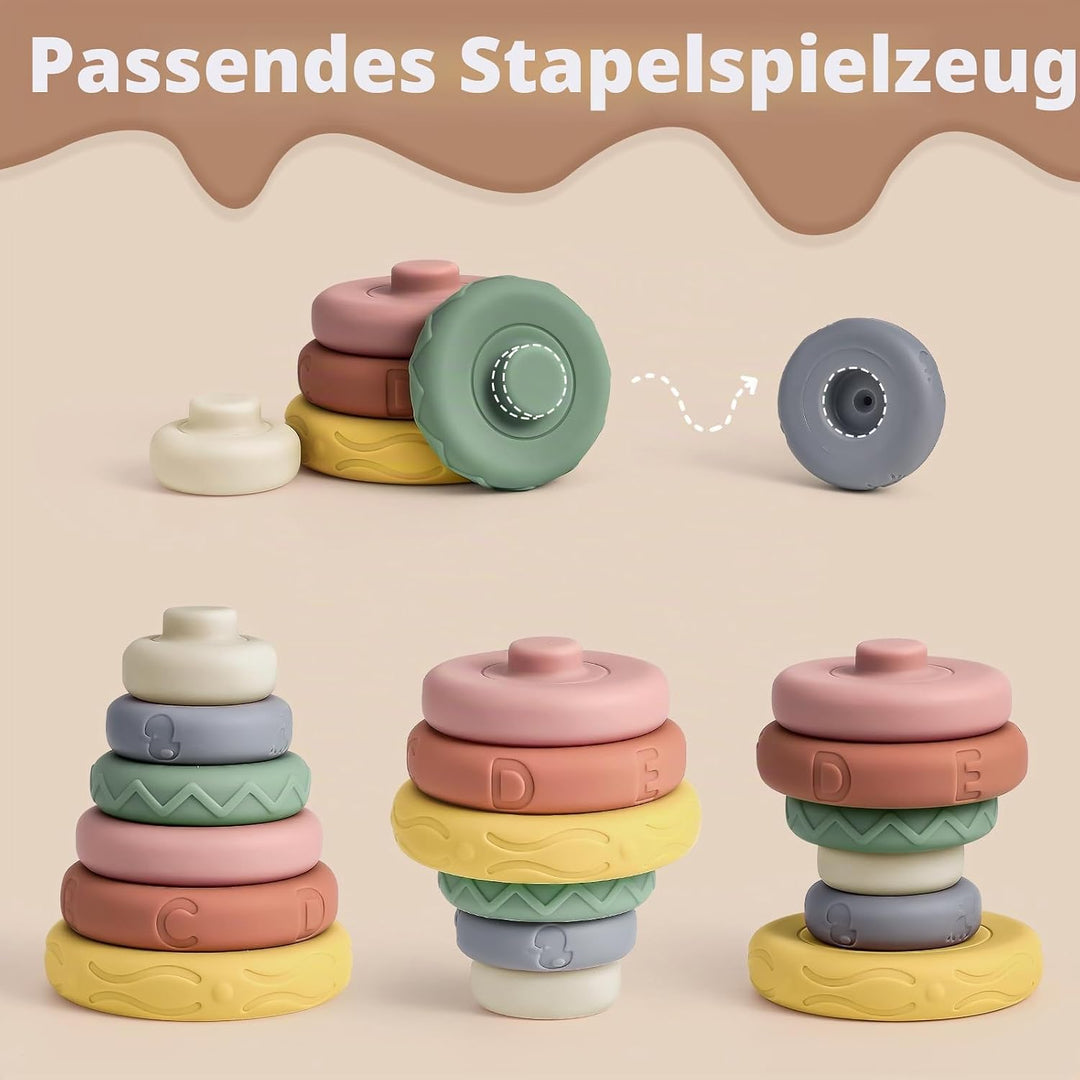 Mini Tudou 6 Stück Stapelspielzeug mit Ringen,Stapelturm & Beissringe für Stapelspiel,Squeeze Zahnen