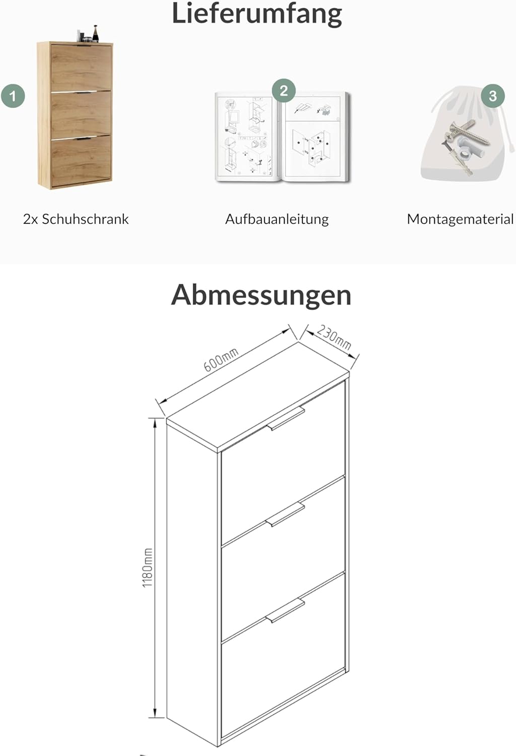 Planetmöbel 2 x Schuhschrank schmal mit 3 Klappen platzsparender Schuhregal mit 6 Ablagen, Schuhkomm
