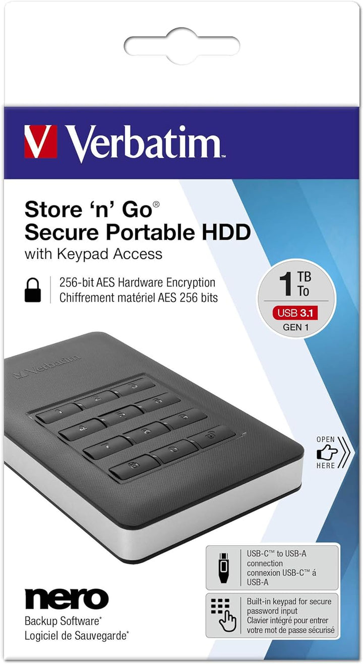 Verbatim Store ‘n’ Go Secure Portable I 2 TB I Schwarz I Externe Festplatte mit Code-Zugang I USB 3.