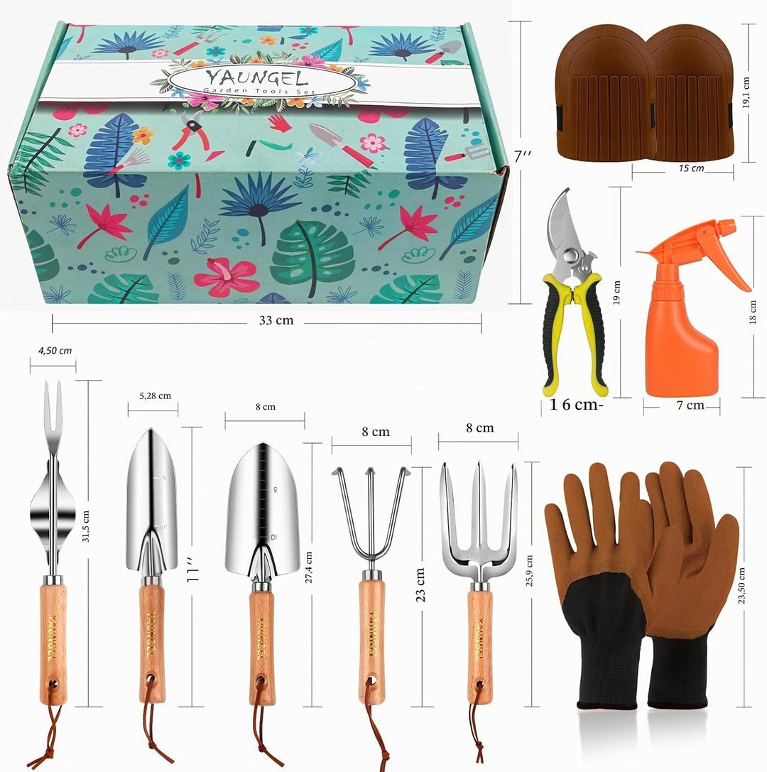 YAUNGEL Gartenwerkzeug Set, 10 Stück Schwerlast Edelstahl Gartenarbeit Kit mit Non-Slip Holzgriff- G