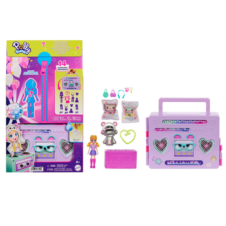 Polly Pocket-Puppe und Spielset, Diskoparty Fashion Reveal, Reisespielzeug zum Auspacken mit ca. 7 c