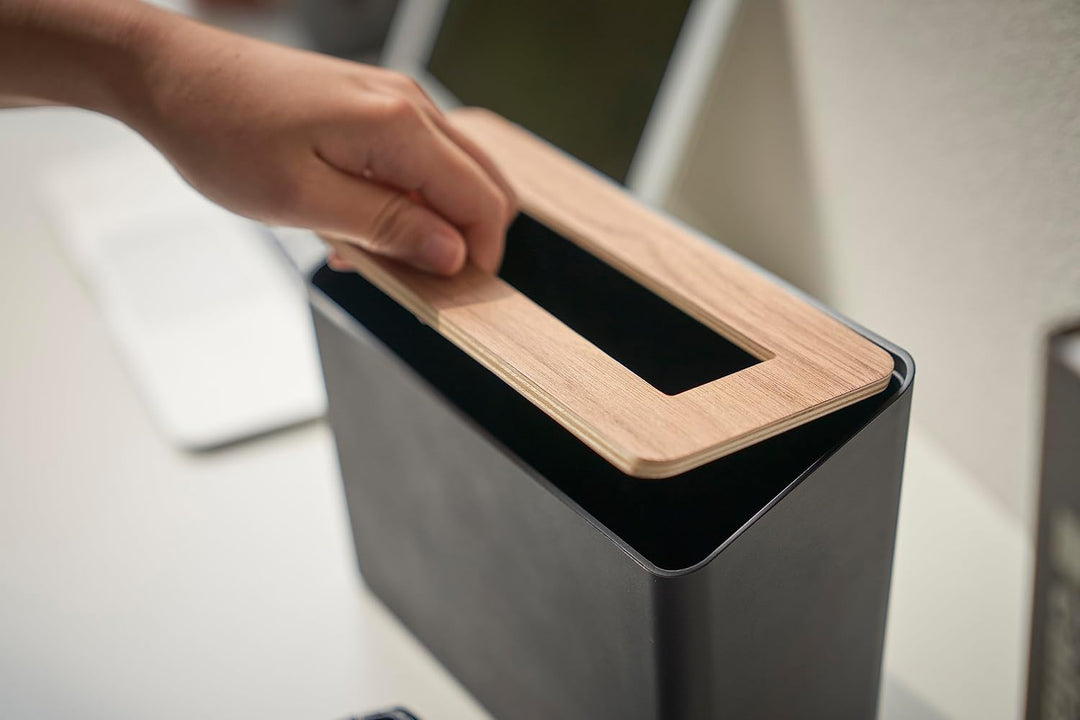 YAMAZAKI 5230 RIN Table Trash Can, black, ABS Resin/Wood, 22 x 9 x 15.5 cm Schwarz, Schwarz