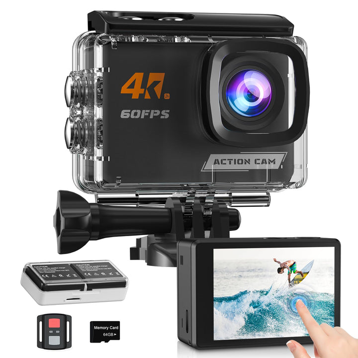 4K60FPS Action Cam Touchscreen, 40M Unterwasserkamera mit 64G SD-Karte, WiFi Sportkamera mit 8X Zoom