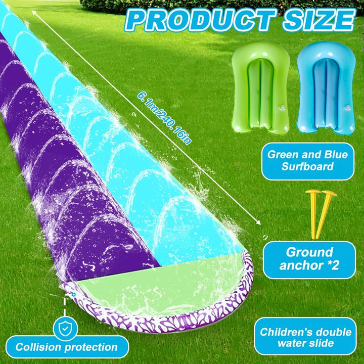 Wasserrutsche Garten für Kinder, 6.1*1.4M Aufblasbare Wasserrutsche mit 2 Bodyboards, Doppelte Wasse