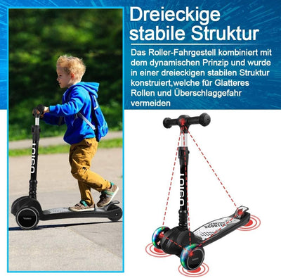 YOLEO Kinderoller Kinderscooter Dreiradscooter mit LED Räder, 2-Rädern Hinterbremsen,4 Höhenverstell