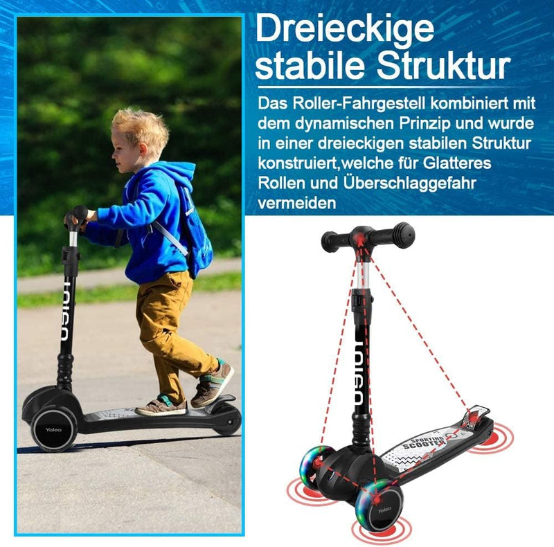 YOLEO Kinderoller Kinderscooter Dreiradscooter mit LED Räder, 2-Rädern Hinterbremsen,4 Höhenverstell