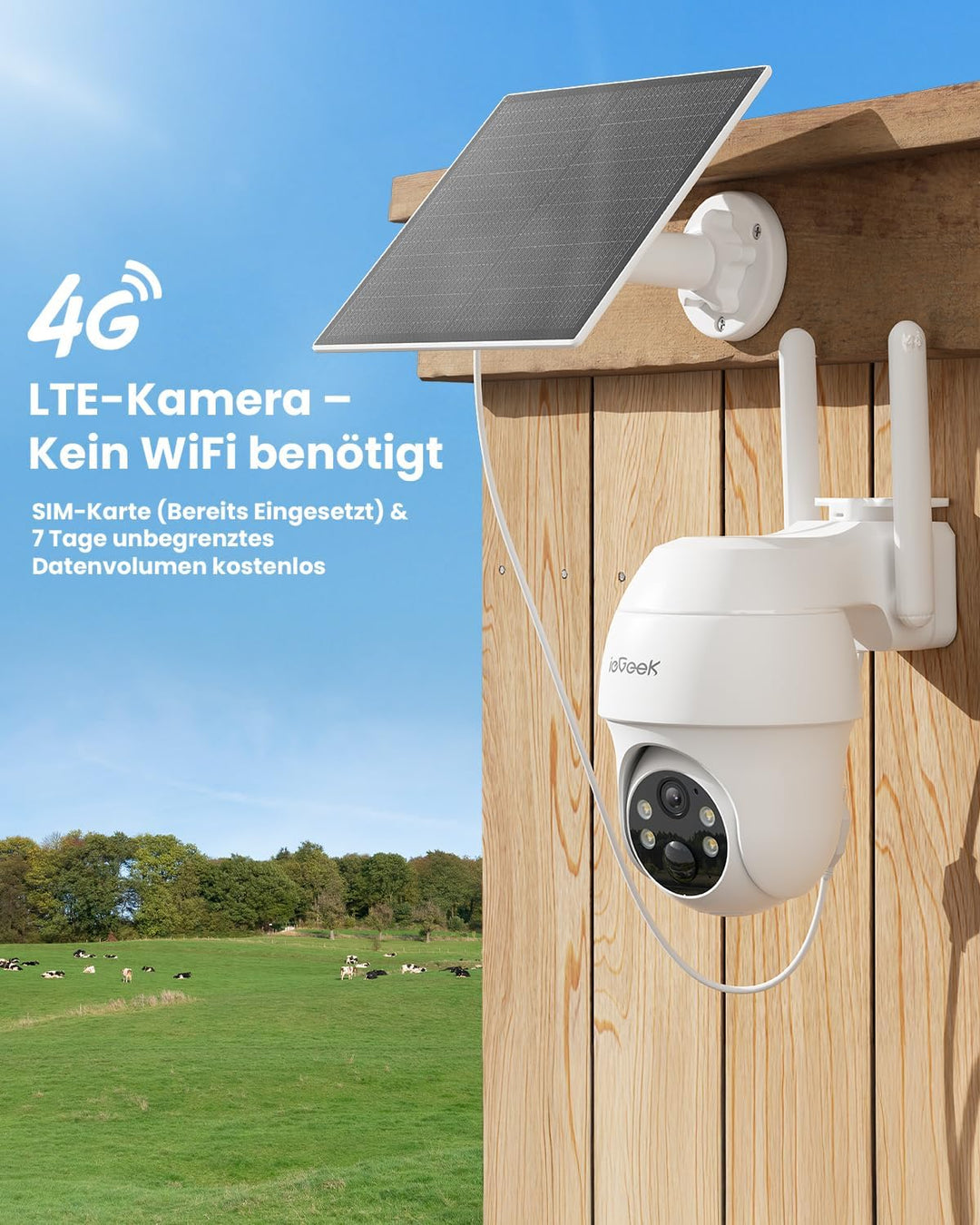 ieGeek 4G LTE Überwachungskamera Aussen mit SIM Karte – 2K 3MP Farb- und Infrarot-Nachtsicht Camera