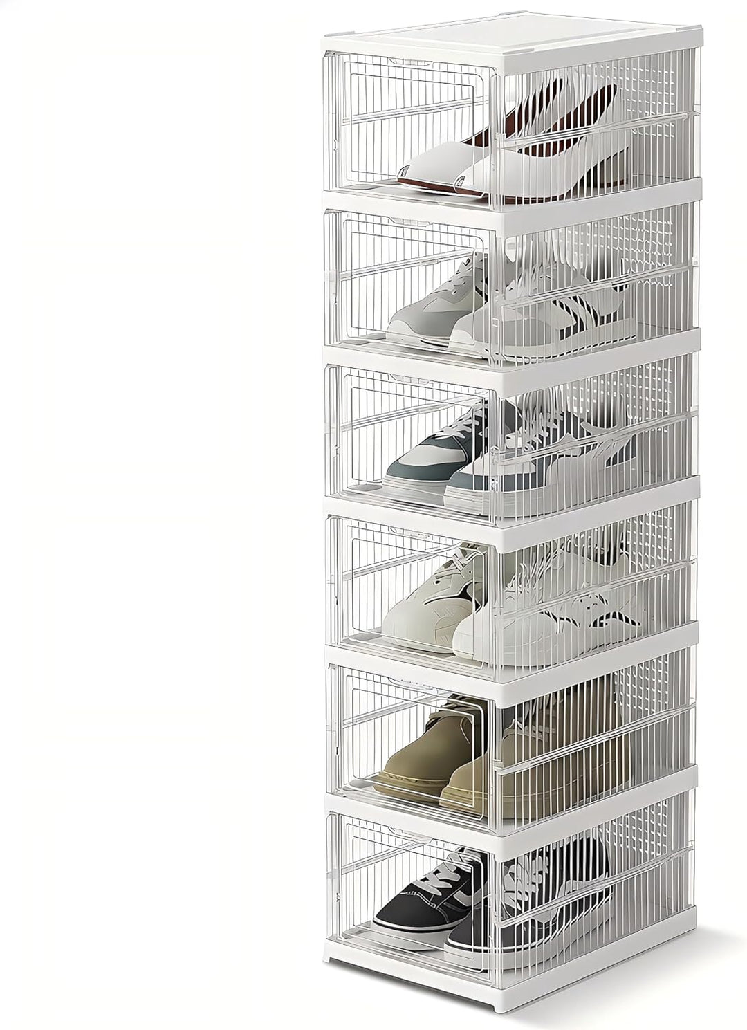 Schuhboxen Stapelbar, 18 Ebenen, Transparent, Faltbar, Dickem Kunststoff, für Sneaker bis Grösse 46,