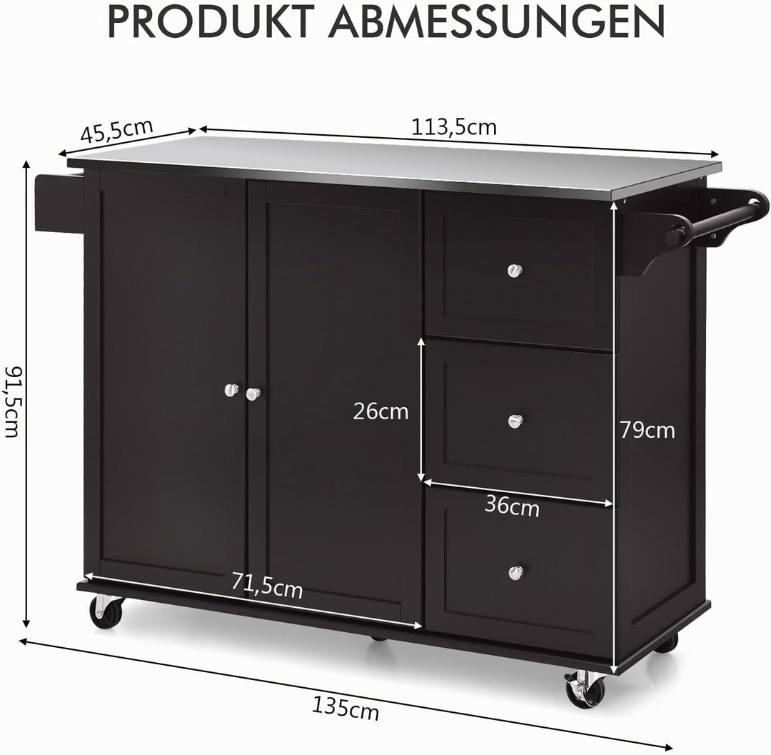 COSTWAY Küchenwagen mit Arbeitsplatte aus Edelstahl, Kücheninsel mit 3 Schubladen &amp; Verstellbarer Ab