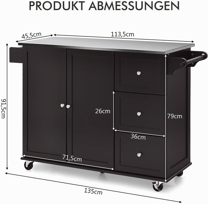 COSTWAY Küchenwagen mit Arbeitsplatte aus Edelstahl, Kücheninsel mit 3 Schubladen &amp; Verstellbarer Ab