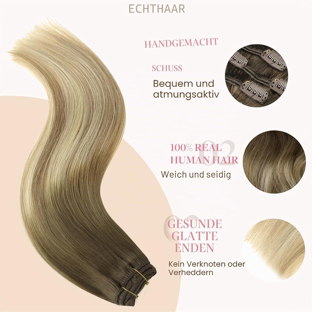 GOO GOO Clip in Extensions Echthaar, 120g 7 Stück 35cm 14 Zoll Walnussbraun bis Aschbraun und Bleich