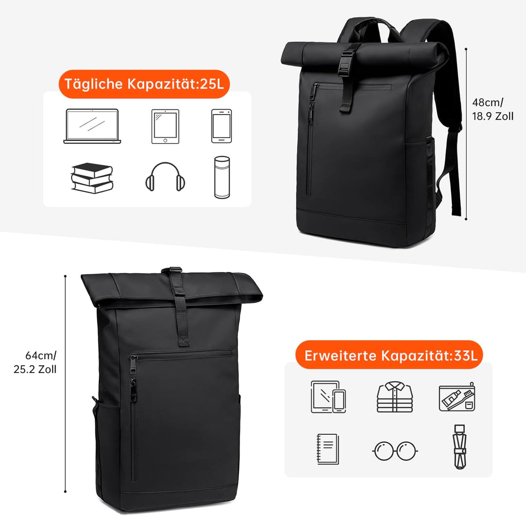 Rolltop Rucksack Herren Damen Grosser Laptop Rucksack Wasserdichter mit Computerfach 16 Zoll Rucksäc