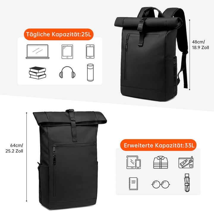 Rolltop Rucksack Herren Damen Grosser Laptop Rucksack Wasserdichter mit Computerfach 16 Zoll Rucksäc