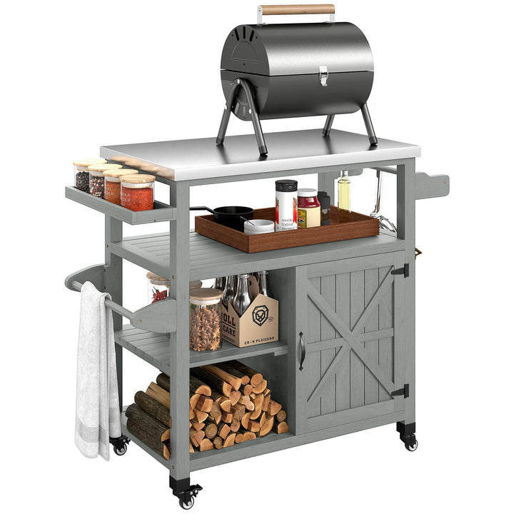 Outsunny Gartenwagen Grillwagen auf Rollen Kücheninsel aus Holz Edelstahlplatte Schrank offene Regal