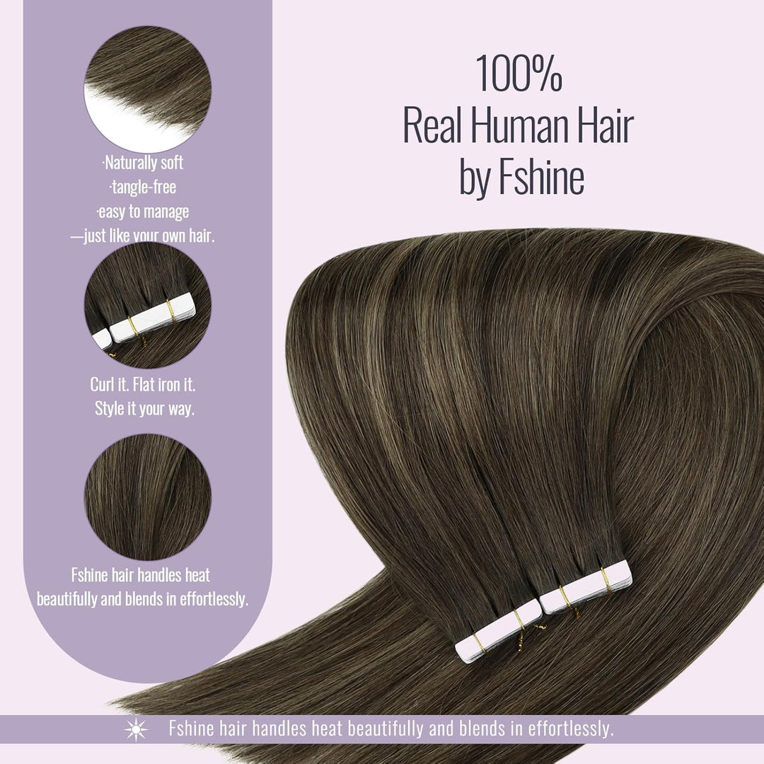 Fshine Echthaar Extensions Tape in Echthaar Balayage Dunkelbraun bis Kastanienbraun 30cm 20 Stücke 3