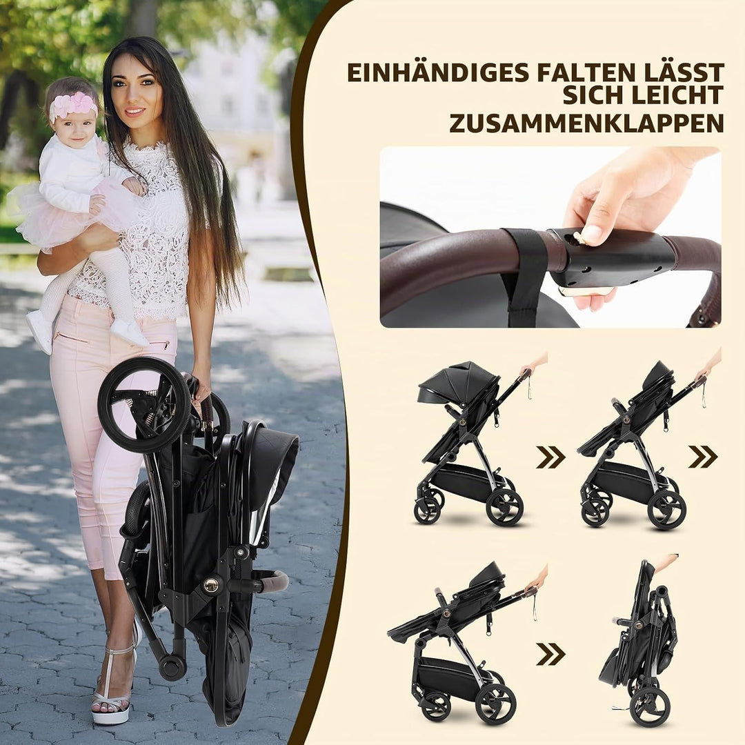 Gcarebb 3-in-1-Kinderwagen aus PU-Leder, Stadtkinderwagen mit Autositz, tragbarer Ein-Klick-Klappsto