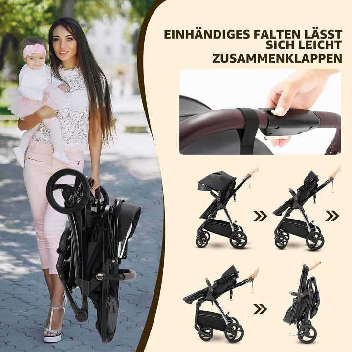 Gcarebb 3-in-1-Kinderwagen aus PU-Leder, Stadtkinderwagen mit Autositz, tragbarer Ein-Klick-Klappsto