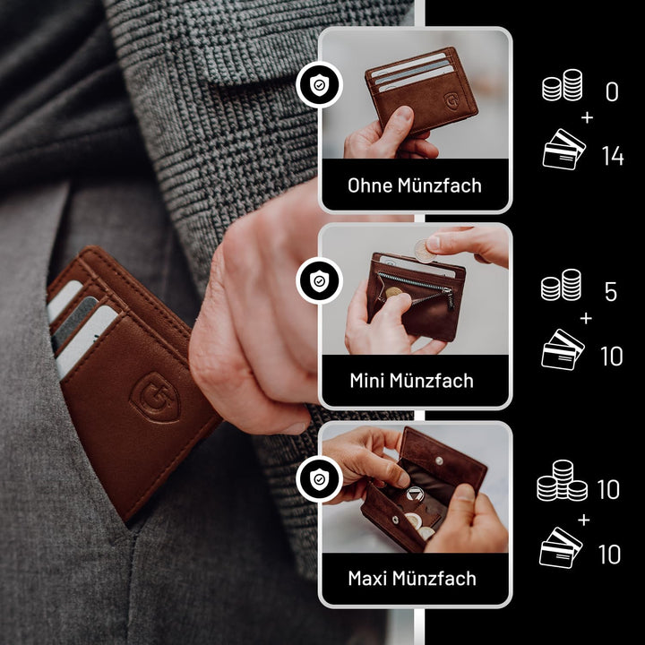 GenTo - Geldbörse mit/ohne Münzfach - TÜV geprüfter RFID NFC Schutz - Magic Wallet - Inklusive Gesch