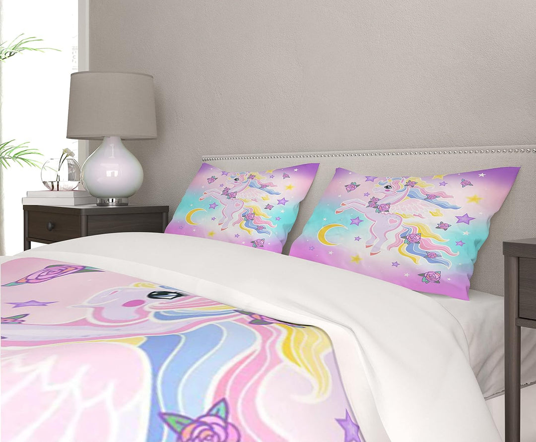 AVJWWD Einhorn Bettwäsche Set Kinder Mikrofaser Bettwäsche Cartoon Einhorn 3D Gedruckt Bettbezug 3 T