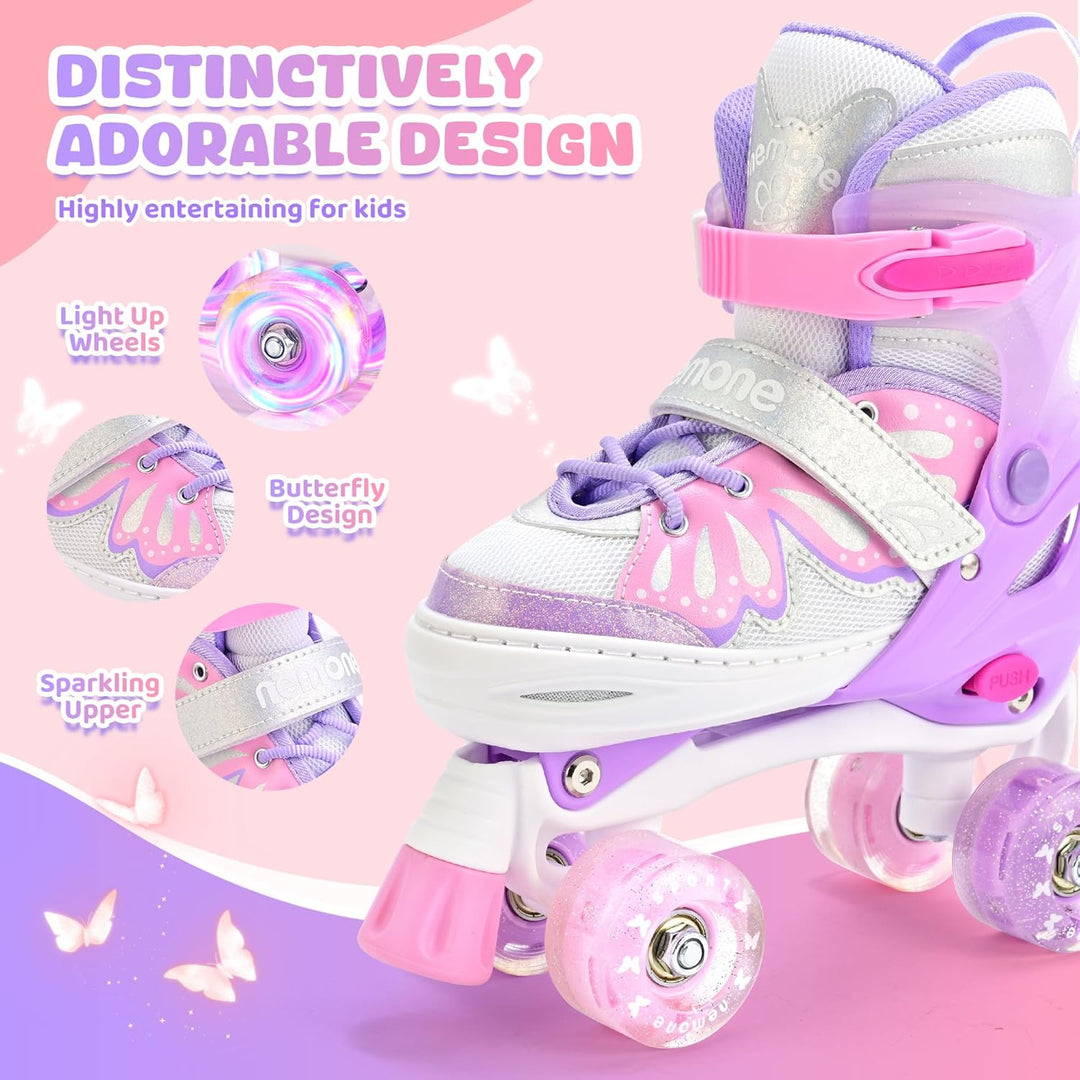 NEMONE Rollschuhe für Mädchen Kinder 4 Grössen Verstellbar Blau Violett Rollschuhe für Kinder Drinne