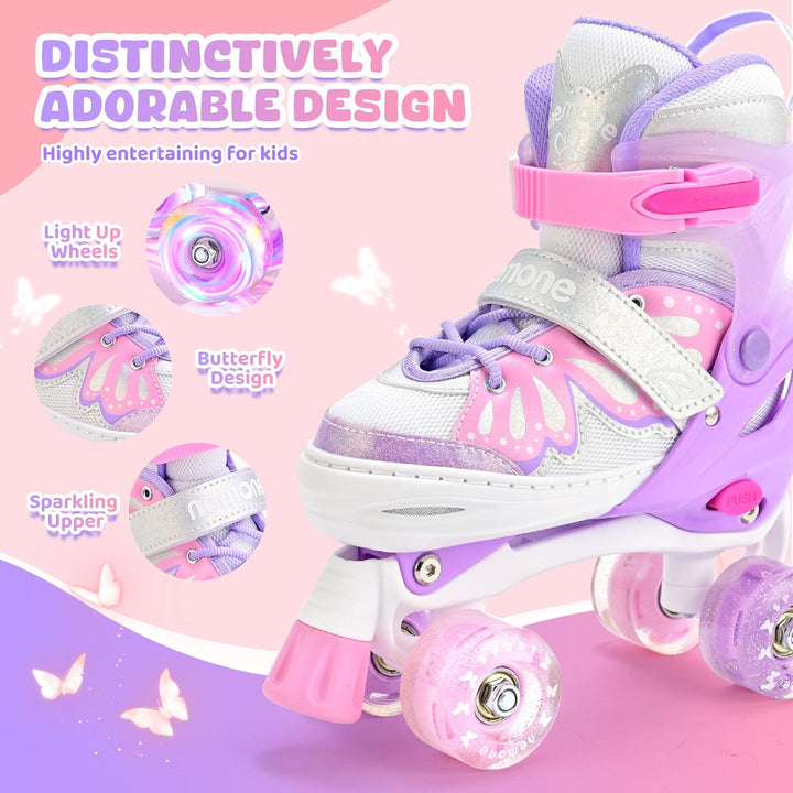 NEMONE Rollschuhe für Mädchen Kinder 4 Grössen Verstellbar Blau Violett Rollschuhe für Kinder Drinne