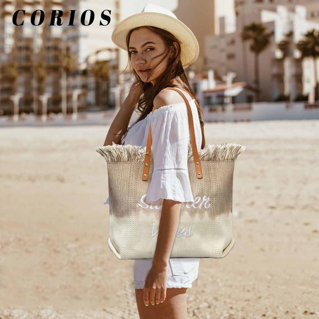 CORIOS Damen Canvas Handtasche Sommer Strand Tasche Böhmische Tote Beutel Grosse Schultertasche Casu