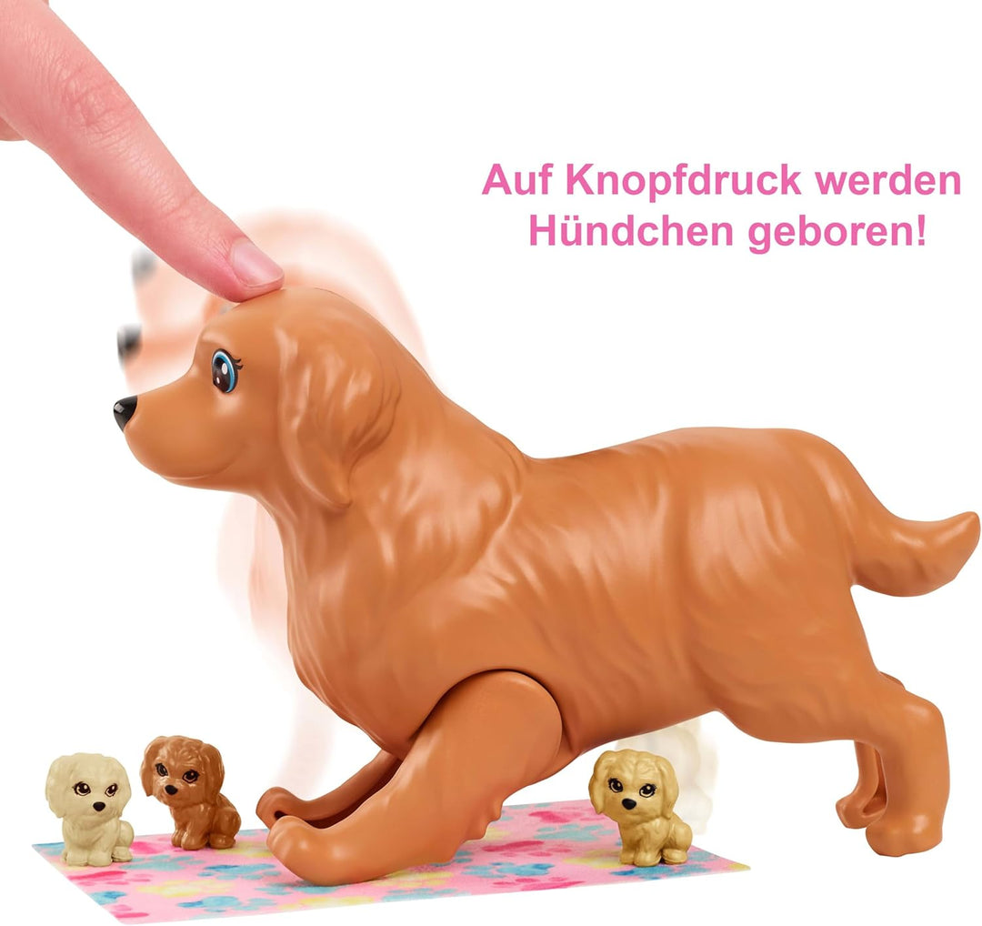 Barbie Newborn Pups Playset, Puppe mit blonden Haaren, Hundeset, inkl. 3 Welpen, 10 Accessoires, Far
