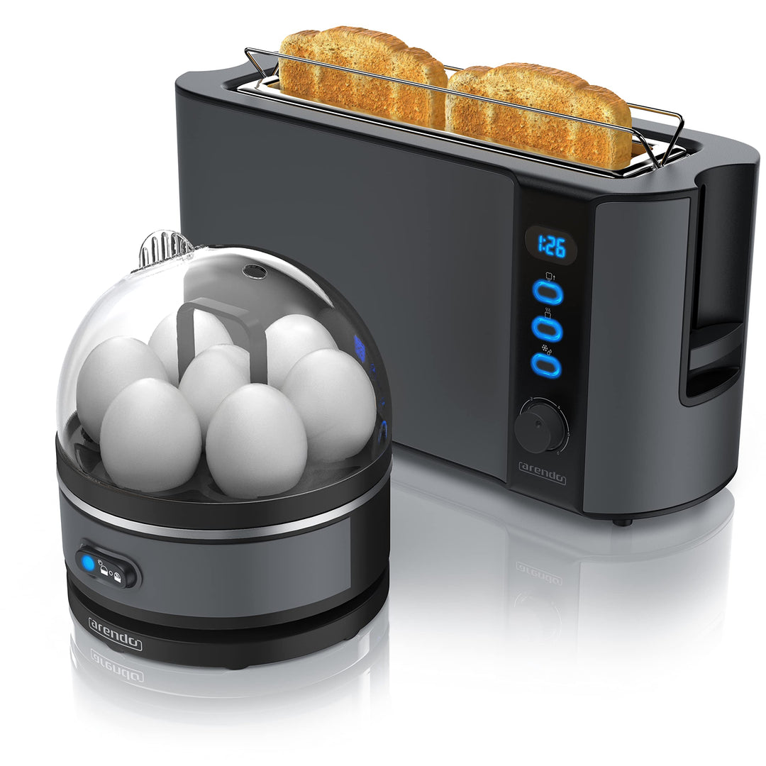 Arendo - SET Toaster FRUKOST mit Eierkocher SEVENCOOK Edelstahl Grau, Toaster 2 Scheiben, LED-Displa
