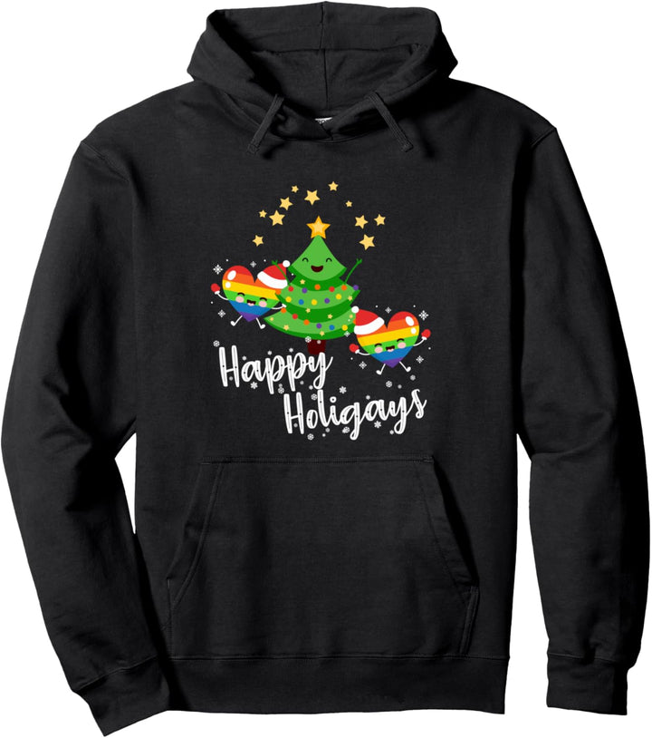 Happy Holigays LGBT Cute Christmas Tree Pullover Hoodie