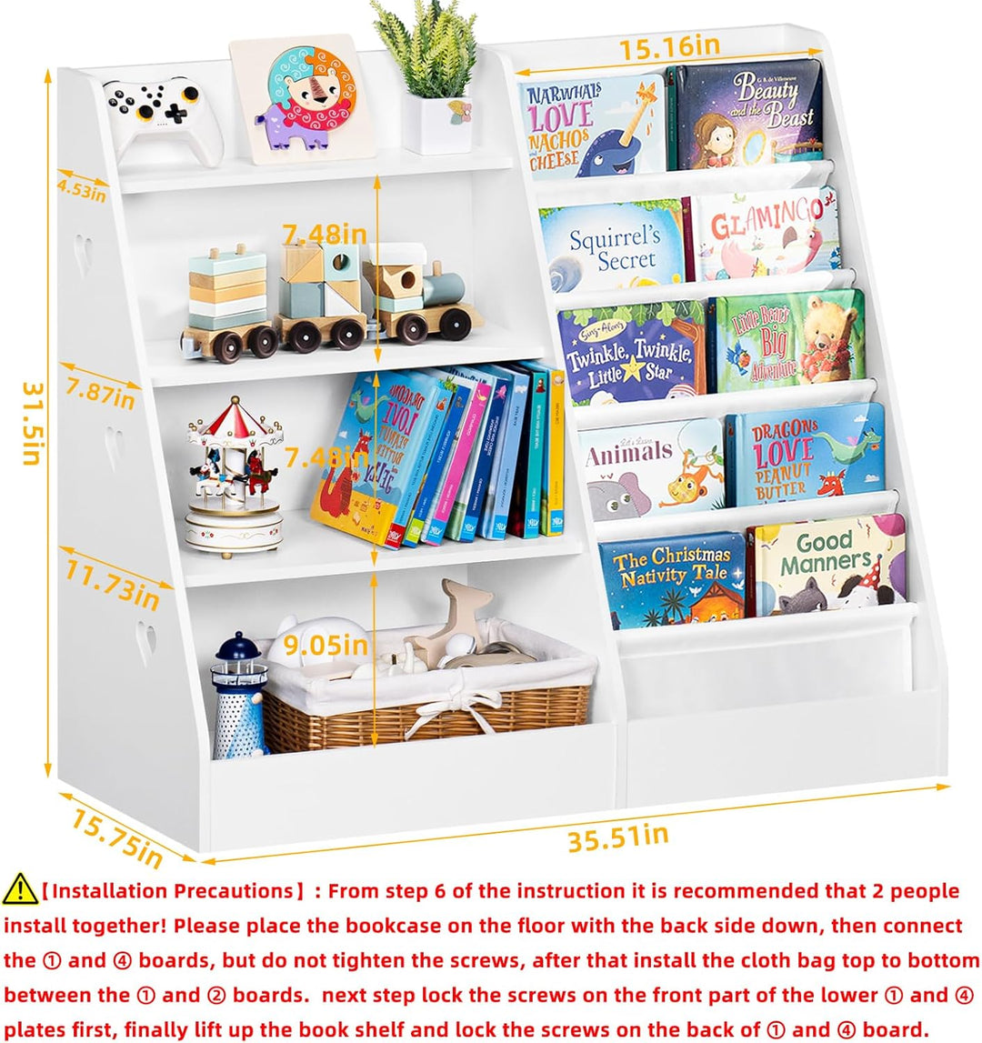 Kinder Bücherregal mit 5 Bücherdisplays und 4 Ablagefächer, Gross Weiss Kinderregal Büchergestell fü