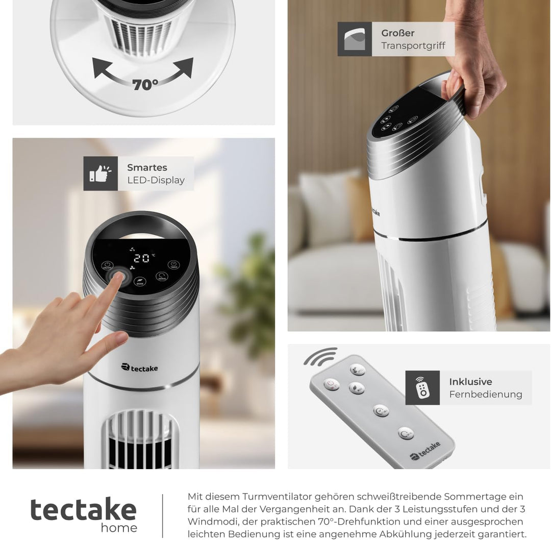 tectake 403922 Turmventilator mit Fernbedienung, 70 Grad Oszillation, 90 cm Höhe, leise, Säulenventi