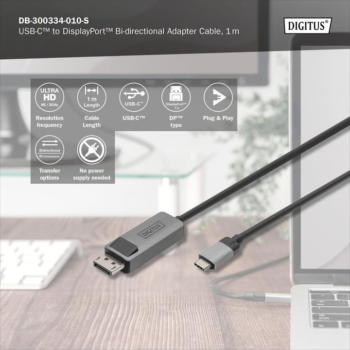 DIGITUS Displayport Adapterkabel - USB Typ-C zu Displayport 1.4-8k/30Hz - 4k/144Hz - Bidirektional -