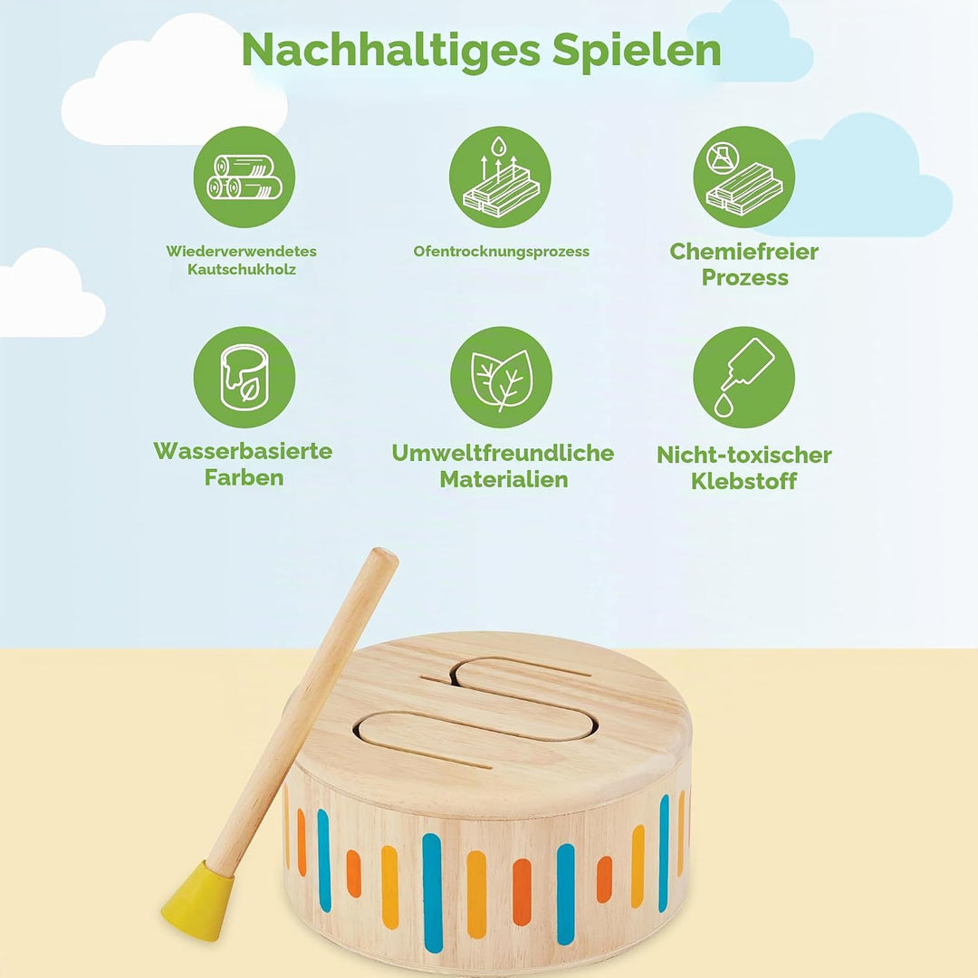 PlanToys Schlagzeug Kinder - Trommel Kinder - Musik Spielzeug ab 1 Jahr - Kindertrommel aus Holz - K