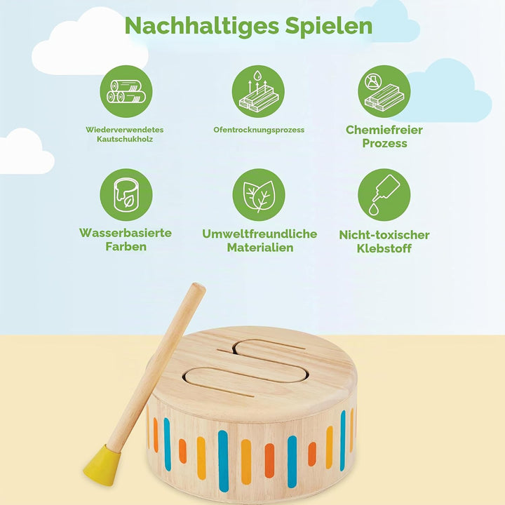 PlanToys Schlagzeug Kinder - Trommel Kinder - Musik Spielzeug ab 1 Jahr - Kindertrommel aus Holz - K