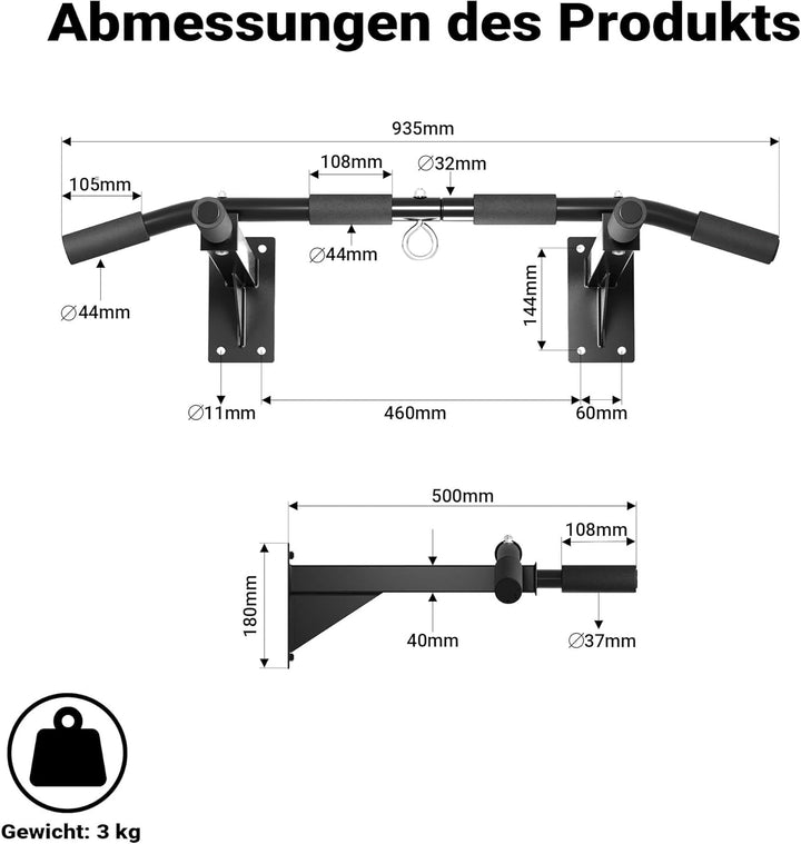 Klimmzugstange zur Wandmontage bis 200 kg, Klimmzug Stange aus Stahl mit gepolsterten Griffen, Fitne