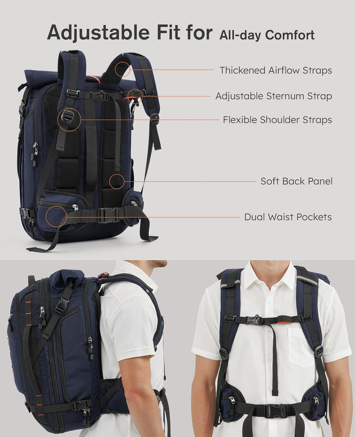 Tolaccea Reiserucksack, Gross Handgepäck Rucksack, TSA-Freundlich Rolltop Laptop Rucksack für 17,3 Z