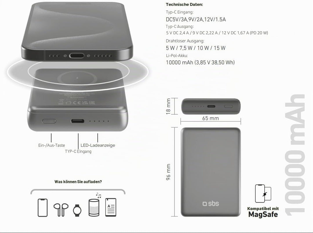 SBS PowerBank 10K MagSafe, 10.000 mAh Power Delivery 20 W, 15 W kabelloses Laden, magnetisch, Status