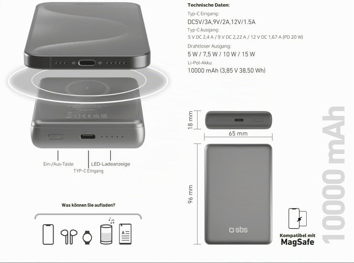 SBS PowerBank 10K MagSafe, 10.000 mAh Power Delivery 20 W, 15 W kabelloses Laden, magnetisch, Status